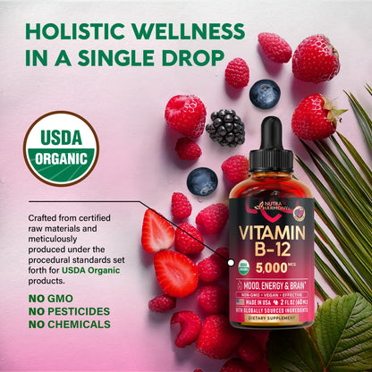 USDA Organic Vitamin B12 Sublingual Drops - 5000 mcg Liquid Vegan Methylcobalamin for Women & Men - Energy Boost, Focus & Mood, Brain Health Support - Maple Wellness Supplements