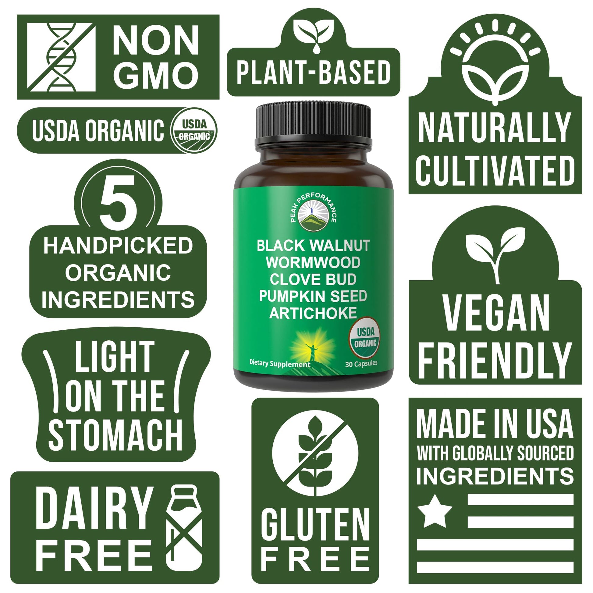 USDA Organic Wormwood Black Walnut Clove Cleanse for Humans. Elimination Detox + Intestinal Support Capsules Supplement for Adults and Kids. Pills with Artichoke and Pumpkin Seed for Added Benefits - Maple Wellness Supplements