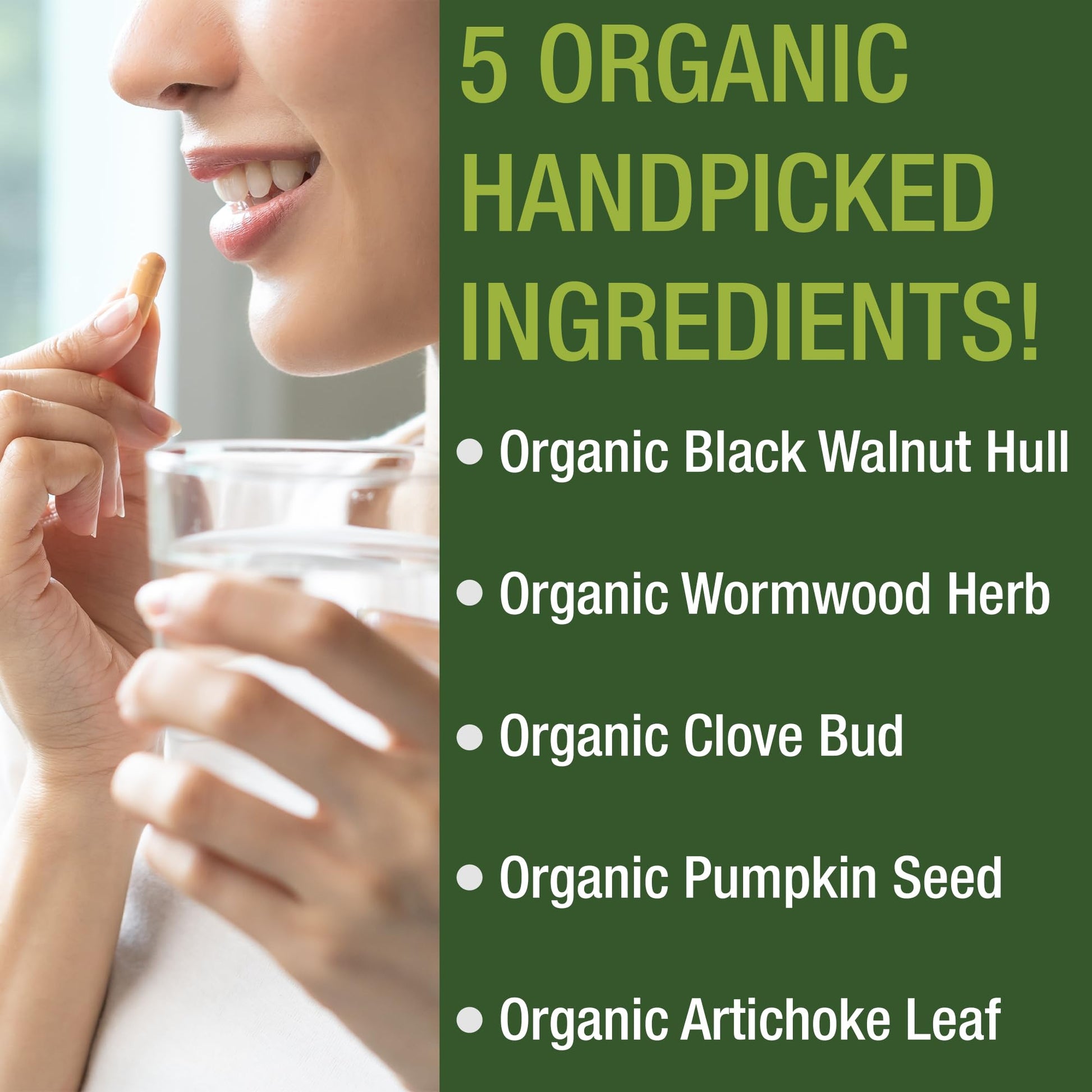 USDA Organic Wormwood Black Walnut Clove Cleanse for Humans. Elimination Detox + Intestinal Support Capsules Supplement for Adults and Kids. Pills with Artichoke and Pumpkin Seed for Added Benefits - Maple Wellness Supplements