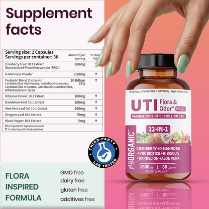 UTI Flora & Odor Pro+ & UTI Yeast & pH Pro+ | Pack of 2 | Vaginal Probiotics for Feminine Hydration & Freshness Support | Third-party Tested, cGMP Facility, Vegan, Non-GMO, Gluten-Free | 60+60 Caps - Maple Wellness Supplements