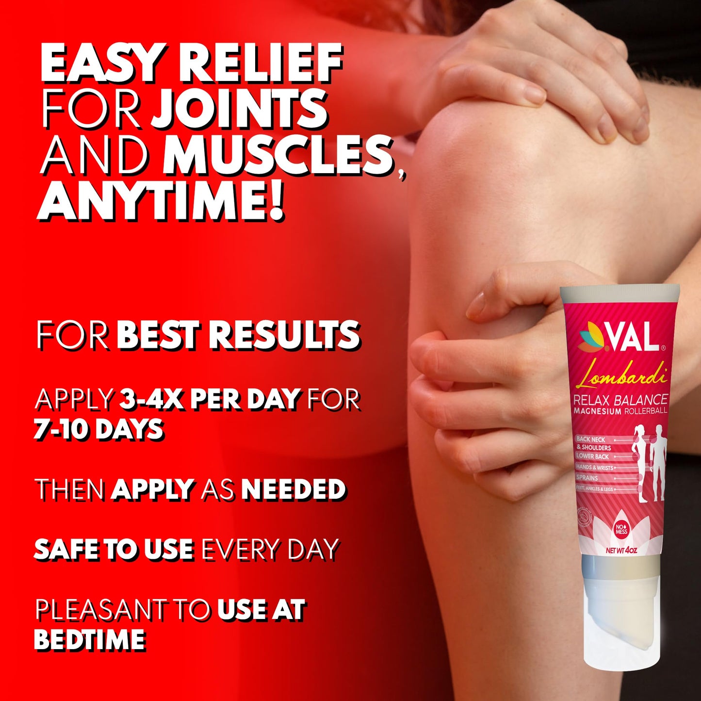 VAL Lombardi Relax Balance Magnesium Rollerball | Zechstein Magnesium + Herbal Extracts | Joint & Muscle Relief for Neck, Back, Legs | No Mess, Non-Greasy | 4oz - Maple Wellness Supplements
