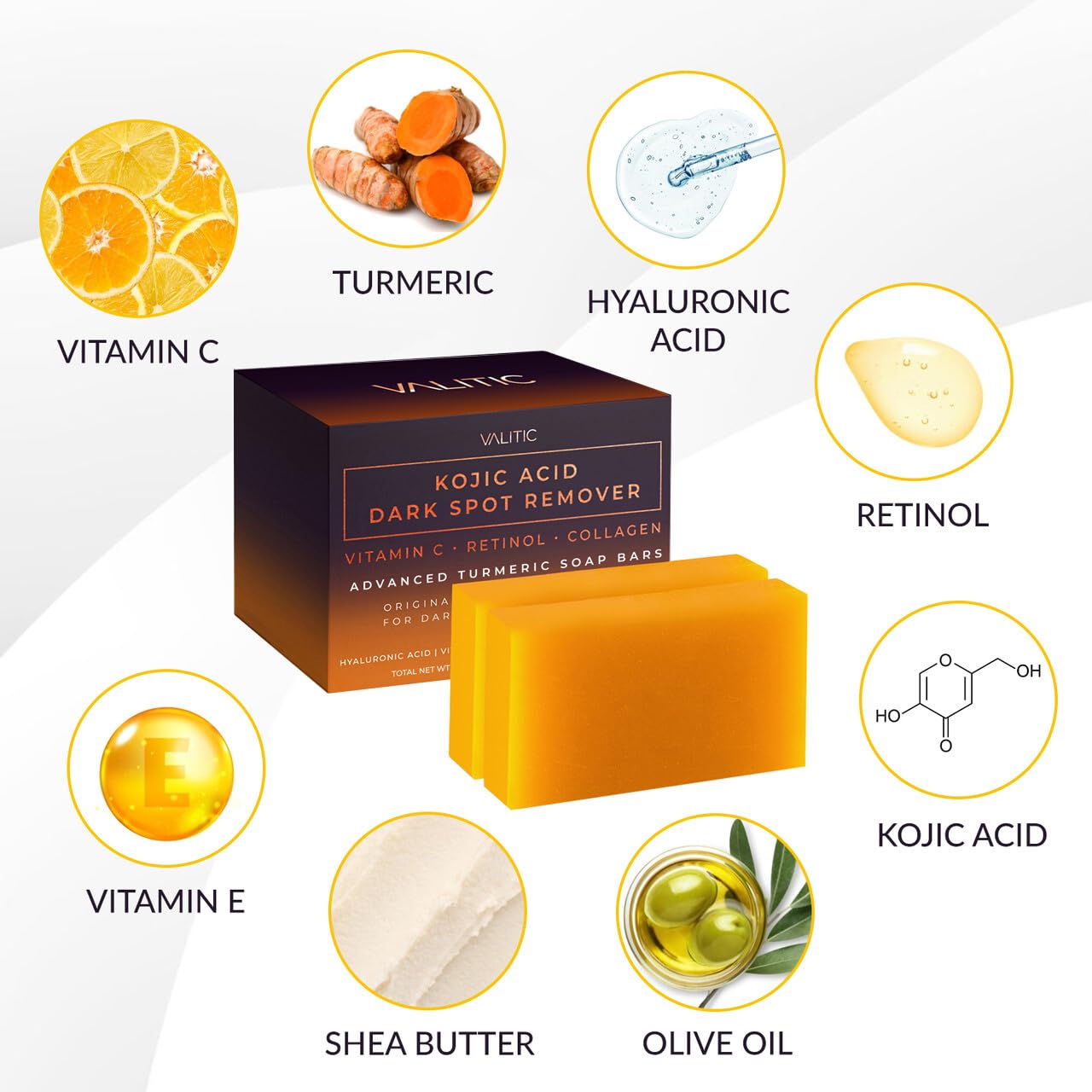 VALITIC Kojic Acid Dark Spot Remover Soap Bars with Vitamin C, Retinol, Collagen, Turmeric - Maple Wellness Supplements