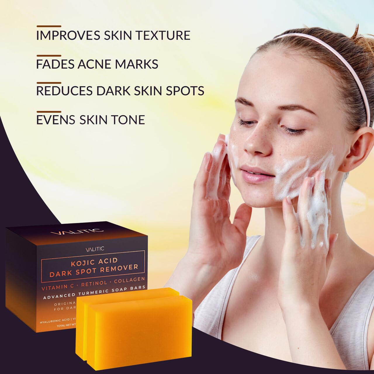 VALITIC Kojic Acid Dark Spot Remover Soap Bars with Vitamin C, Retinol, Collagen, Turmeric - Maple Wellness Supplements