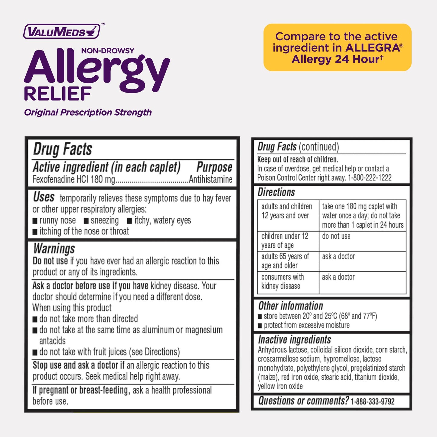 ValuMeds | Compare to Allegra | Fexofenadine HCl 180mg | 24-Hour Allergy Relief, Non-Drowsy Antihistamine Generic Medicine for Allergies, Hay Fever, Itchy Eyes | for Kids & Adults (100 Count) - Maple Wellness Supplements