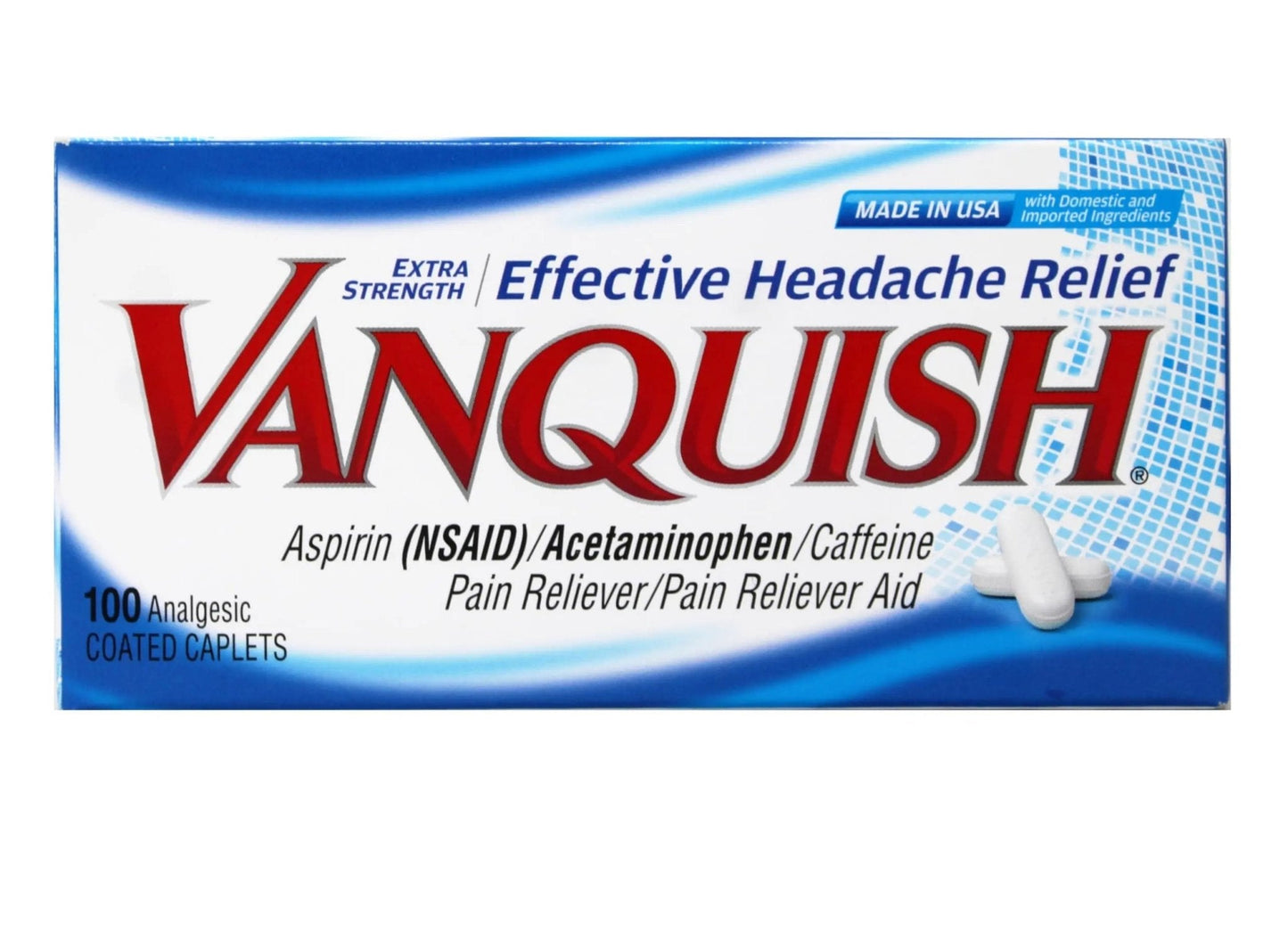 Vanquish Effective Headache Relief – Aspirin (NSAID), Acetaminophen, Caffeine, 100 Analgesic Coated Caplets - 3 Pack - Maple Wellness Supplements