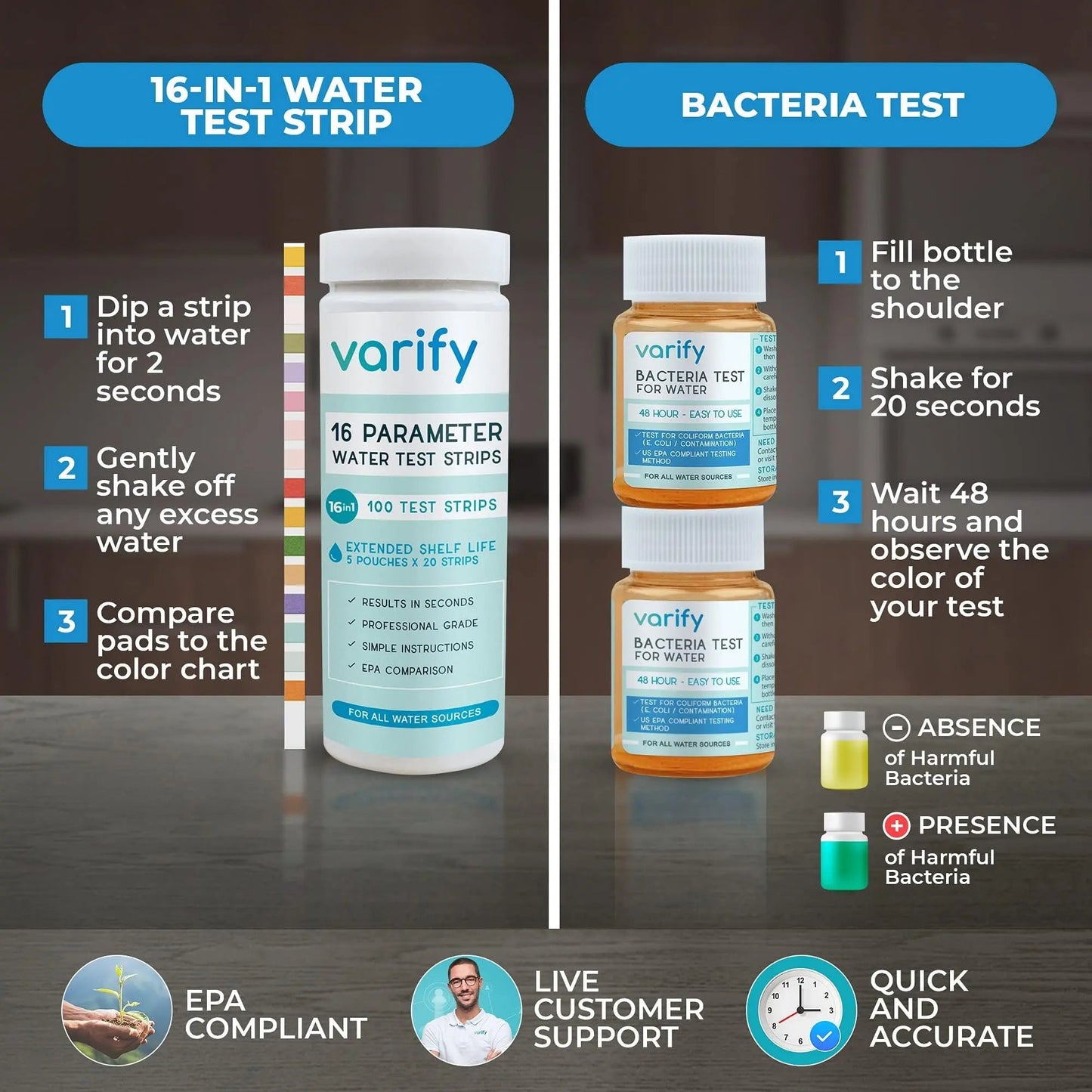 Varify 17in1 Complete Drinking Water Test Kit - 100 Strips + 2 Bacteria Tester Kits - Well, Tap, Home, City Water Testing Strip for Lead, Alkaline, Chlorine, Hardness, Iron, Fluoride, Copper & More - Maple Wellness Supplements