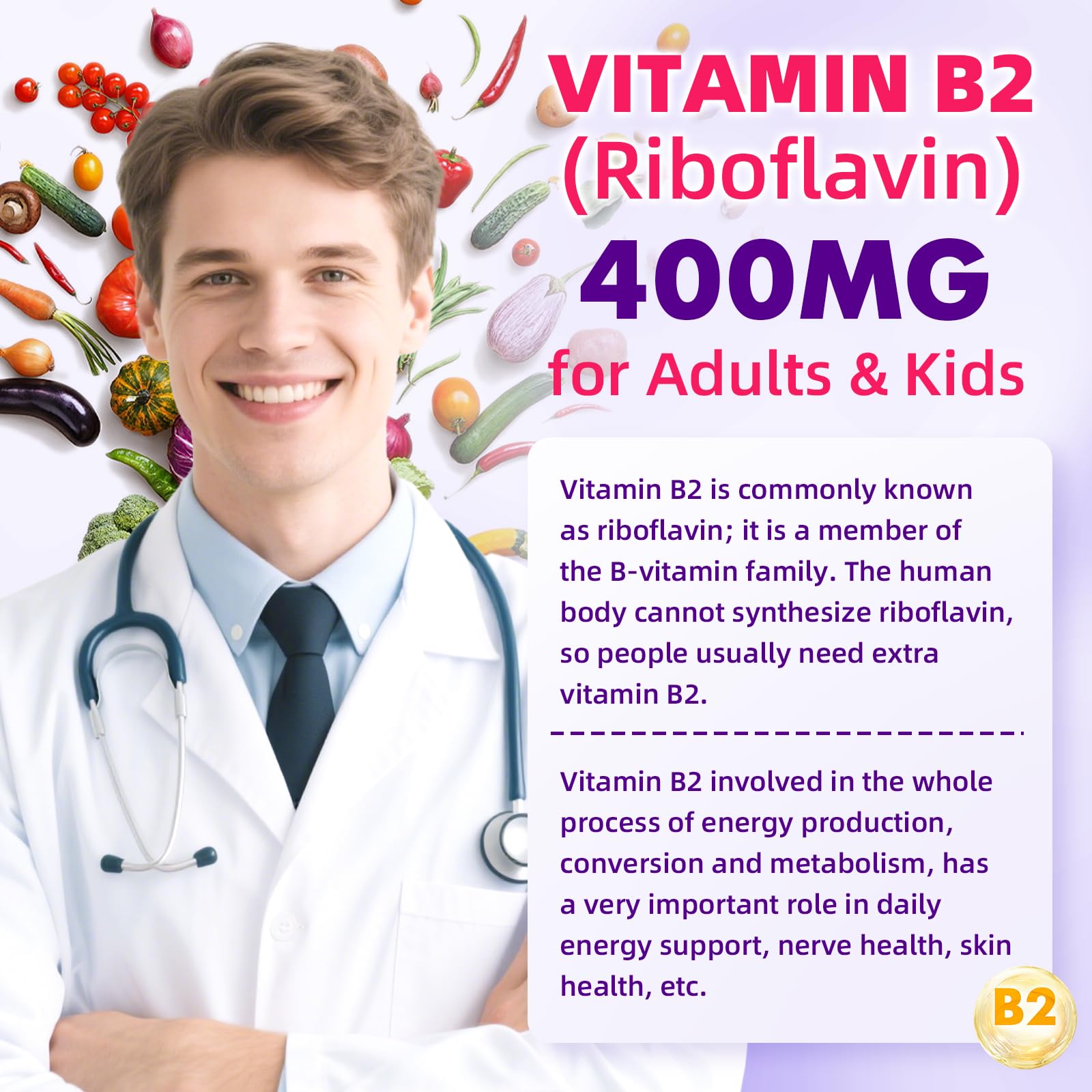 VCCHUYH Vitamin B2 Gummies for Kids & Adults, VIT B2 Riboflavin 400mg Supplement with Magnesium for Migraine Relief & Nervous System Support, Non-GMO - Maple Wellness Supplements
