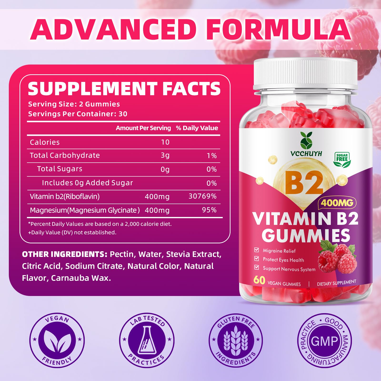 VCCHUYH Vitamin B2 Gummies for Kids & Adults, VIT B2 Riboflavin 400mg Supplement with Magnesium for Migraine Relief & Nervous System Support, Non-GMO, - Maple Wellness Supplements
