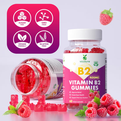 VCCHUYH Vitamin B2 Gummies for Kids & Adults, VIT B2 Riboflavin 400mg Supplement with Magnesium for Migraine Relief & Nervous System Support, Non-GMO - Maple Wellness Supplements