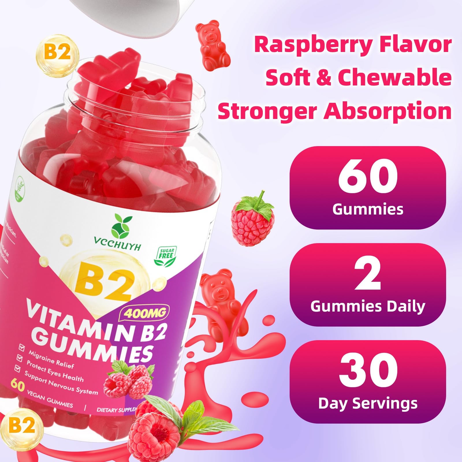 VCCHUYH Vitamin B2 Gummies for Kids & Adults, VIT B2 Riboflavin 400mg Supplement with Magnesium for Migraine Relief & Nervous System Support, Non-GMO - Maple Wellness Supplements