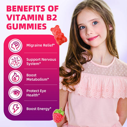 VCCHUYH Vitamin B2 Gummies for Kids & Adults, VIT B2 Riboflavin 400mg Supplement with Magnesium for Migraine Relief & Nervous System Support, Non-GMO - Maple Wellness Supplements