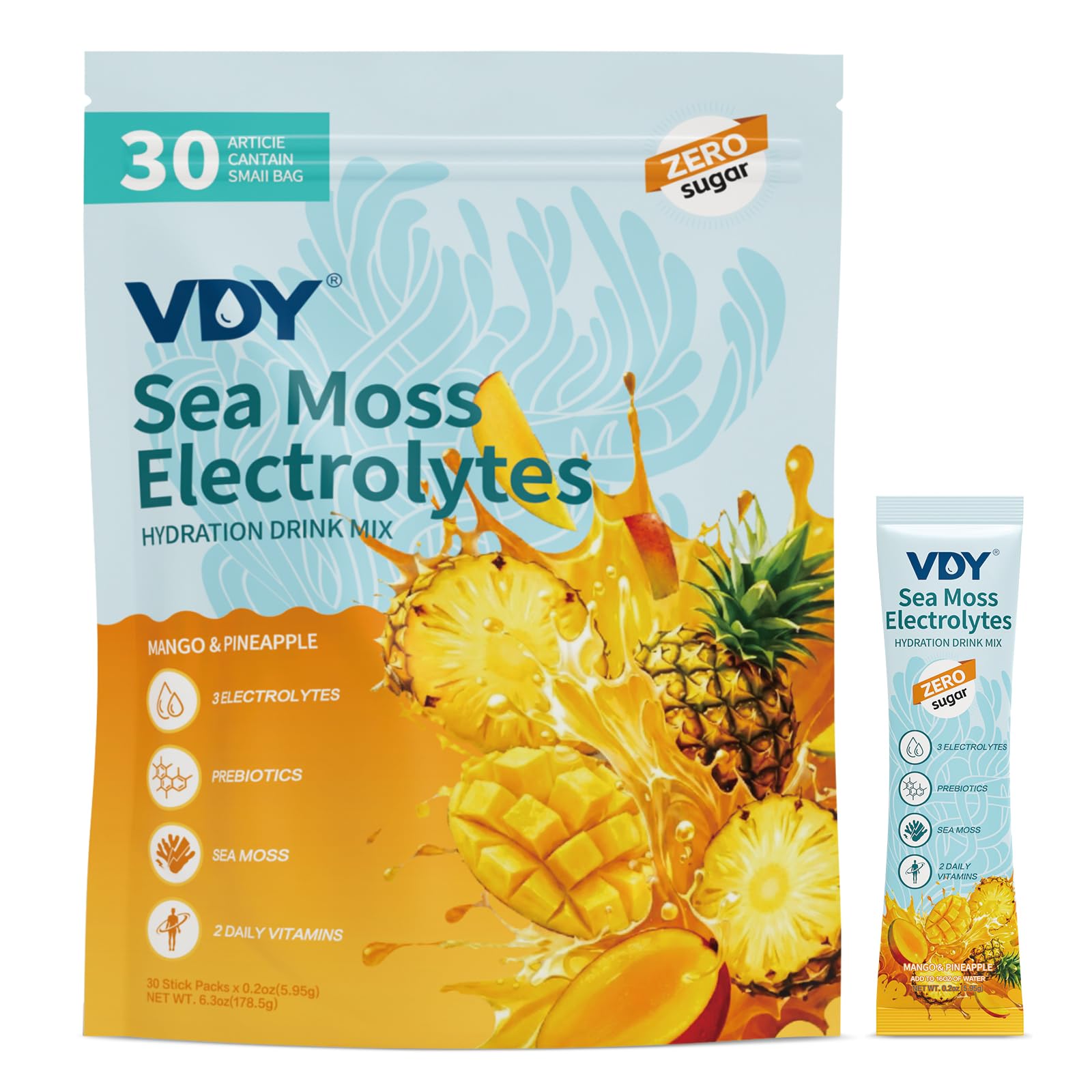 VDY Sea Moss Electrolytes Powder Packets - Hydration Packets Sugar Free - Electrolyte Packets with 30 Sticks - Zero Sugar & 0 Calorie - Keto Friendly - Maple Wellness Supplements