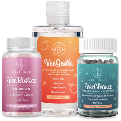 VeeBalance Bundle – Boric Acid Suppositories, Feminine Wash & Cranberry Probiotics for Women – pH Balance & Freshness Support - Maple Wellness Supplements