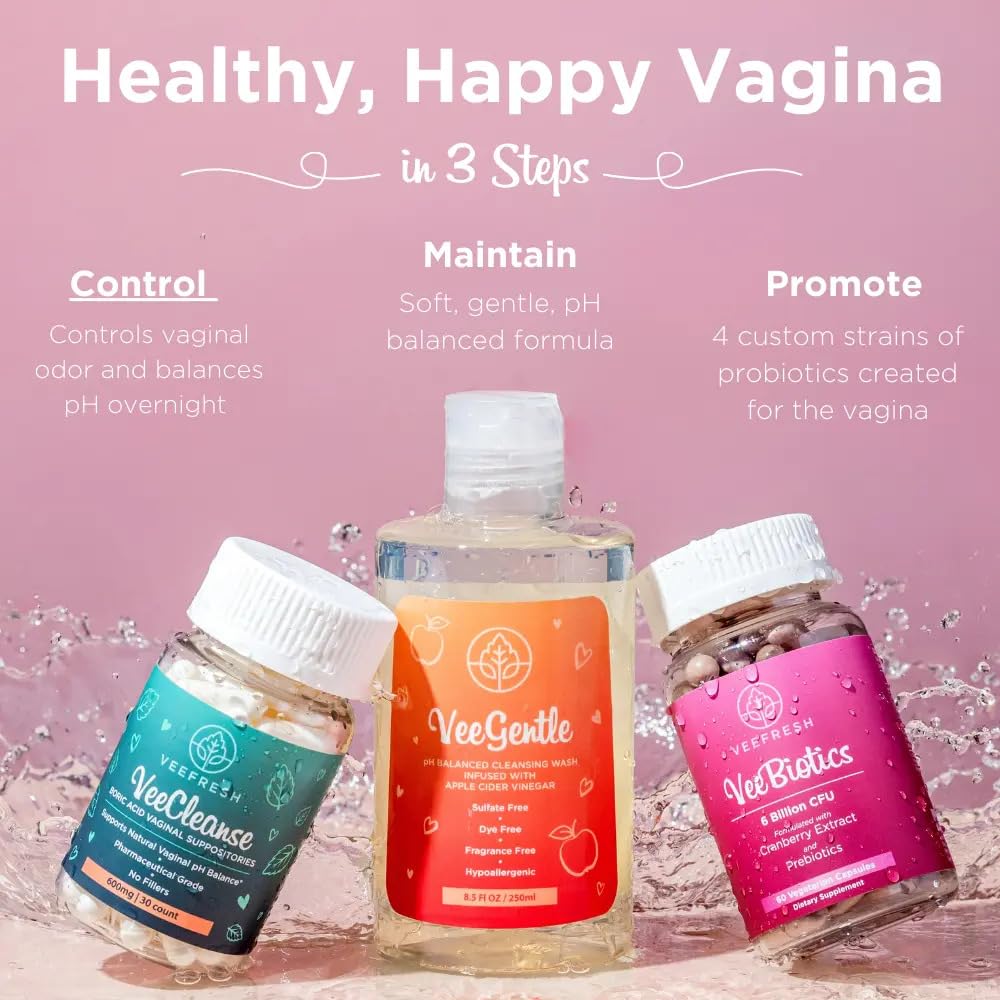 VeeBalance Bundle – Boric Acid Suppositories, Feminine Wash & Cranberry Probiotics for Women – pH Balance & Freshness Support - Maple Wellness Supplements