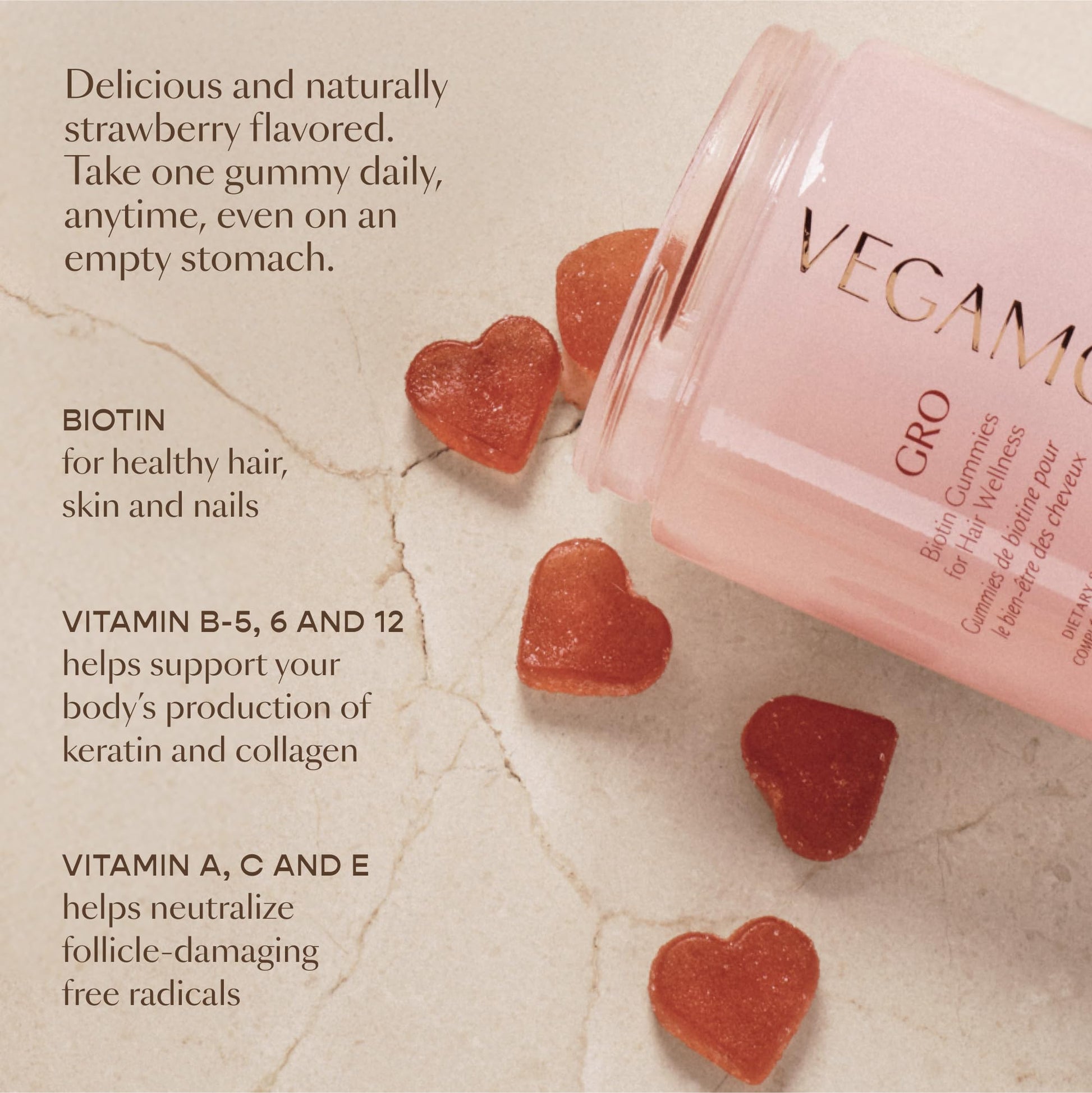 VEGAMOUR GRO Biotin Gummies, Strawberry Flavor with 5000 mcg Biotin, Supports Healthy Hair Vegan Gummies with Vitamins A, B, C, E, B-12 & More, 30 Ct - Maple Wellness Supplements