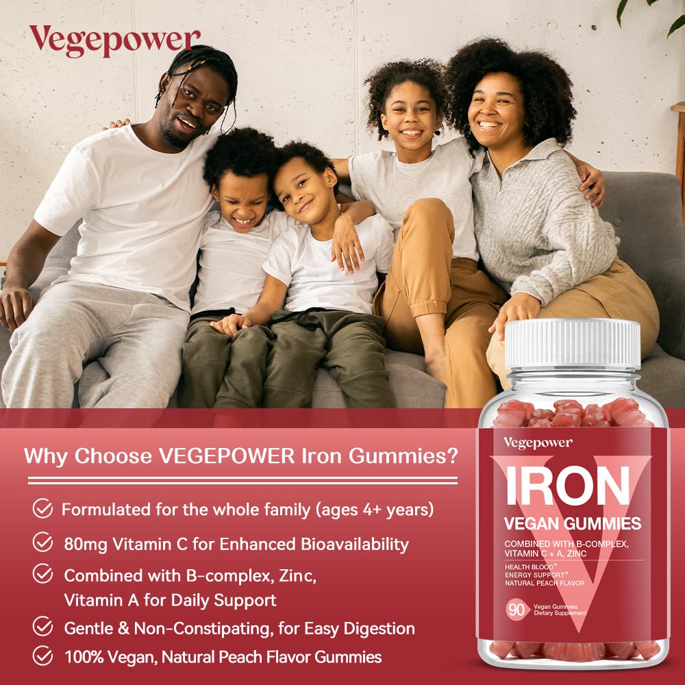 Vegan Iron Gummies Supplement - with Vitamin C, A, B-Complex, Folate, Zinc for Adults & Kids - Health Blood & Energy Support for Iron Deficiency, - Maple Wellness Supplements