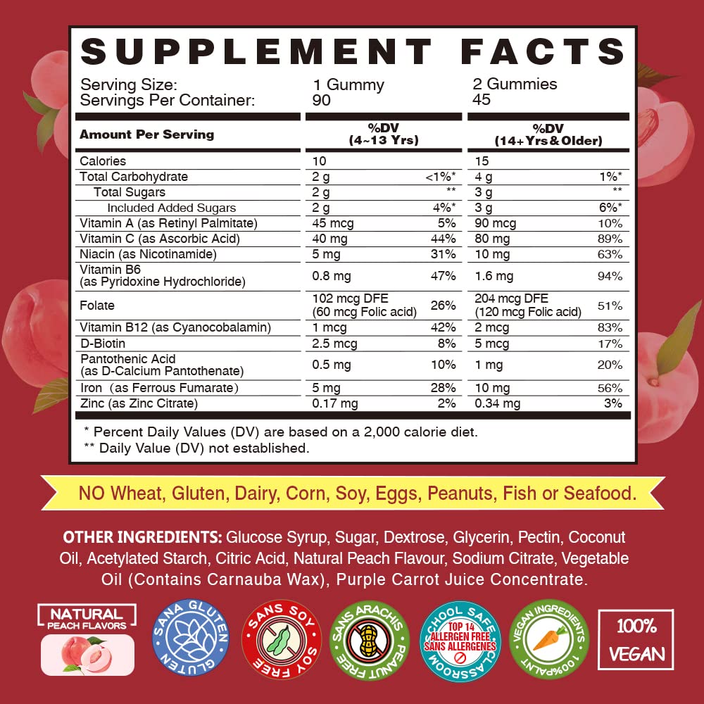Vegan Iron Gummies Supplement - with Vitamin C, A, B-Complex, Folate, Zinc for Adults & Kids - Health Blood & Energy Support for Iron Deficiency, - Maple Wellness Supplements