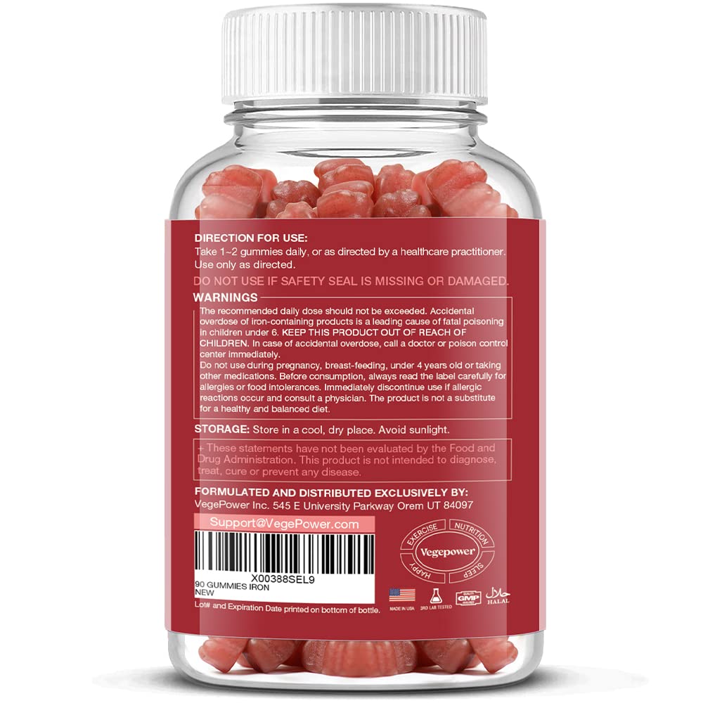 Vegan Iron Gummies Supplement - with Vitamin C, A, B-Complex, Folate, Zinc for Adults & Kids - Health Blood & Energy Support for Iron Deficiency, - Maple Wellness Supplements