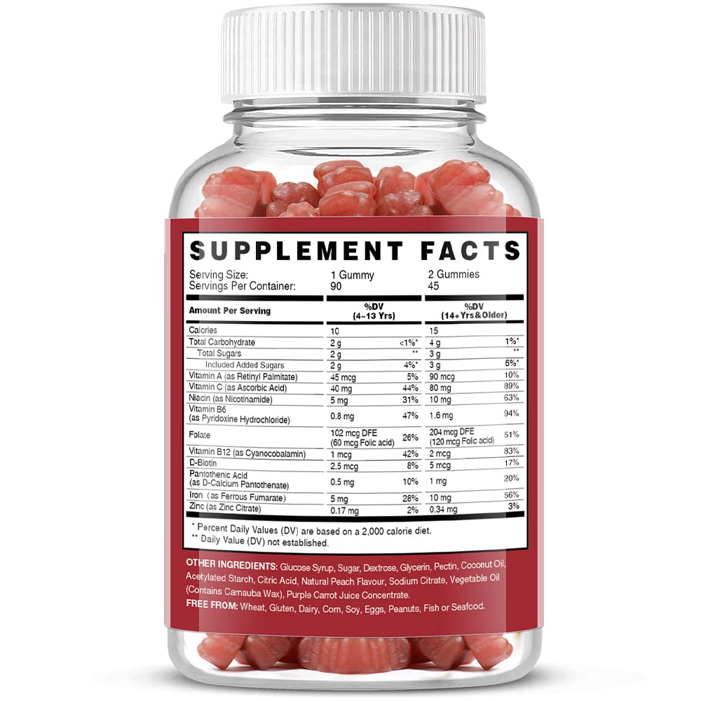 Vegan Iron Gummies Supplement - with Vitamin C, A, B-Complex, Folate, Zinc for Adults & Kids - Health Blood & Energy Support for Iron Deficiency, - Maple Wellness Supplements