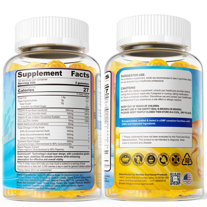Vegan Omega-3 Gummies 1000mg + Turmeric - Omega 3 Fish Oil Alternative for Adults - Algae DHA 600mg & EPA 300mg - Maple Wellness Supplements