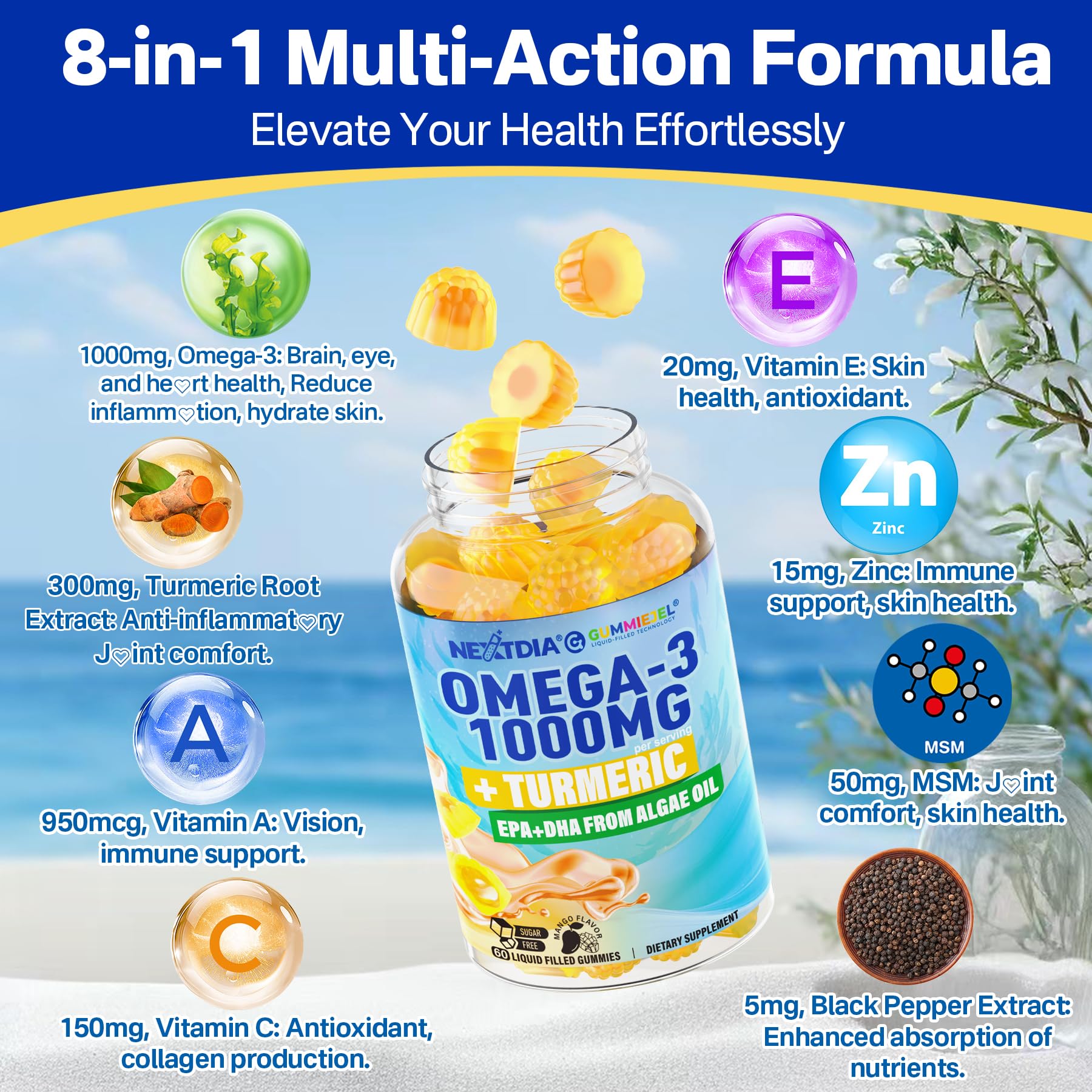 Vegan Omega-3 Gummies 1000mg + Turmeric - Omega 3 Fish Oil Alternative for Adults - Algae DHA 600mg & EPA 300mg - Maple Wellness Supplements