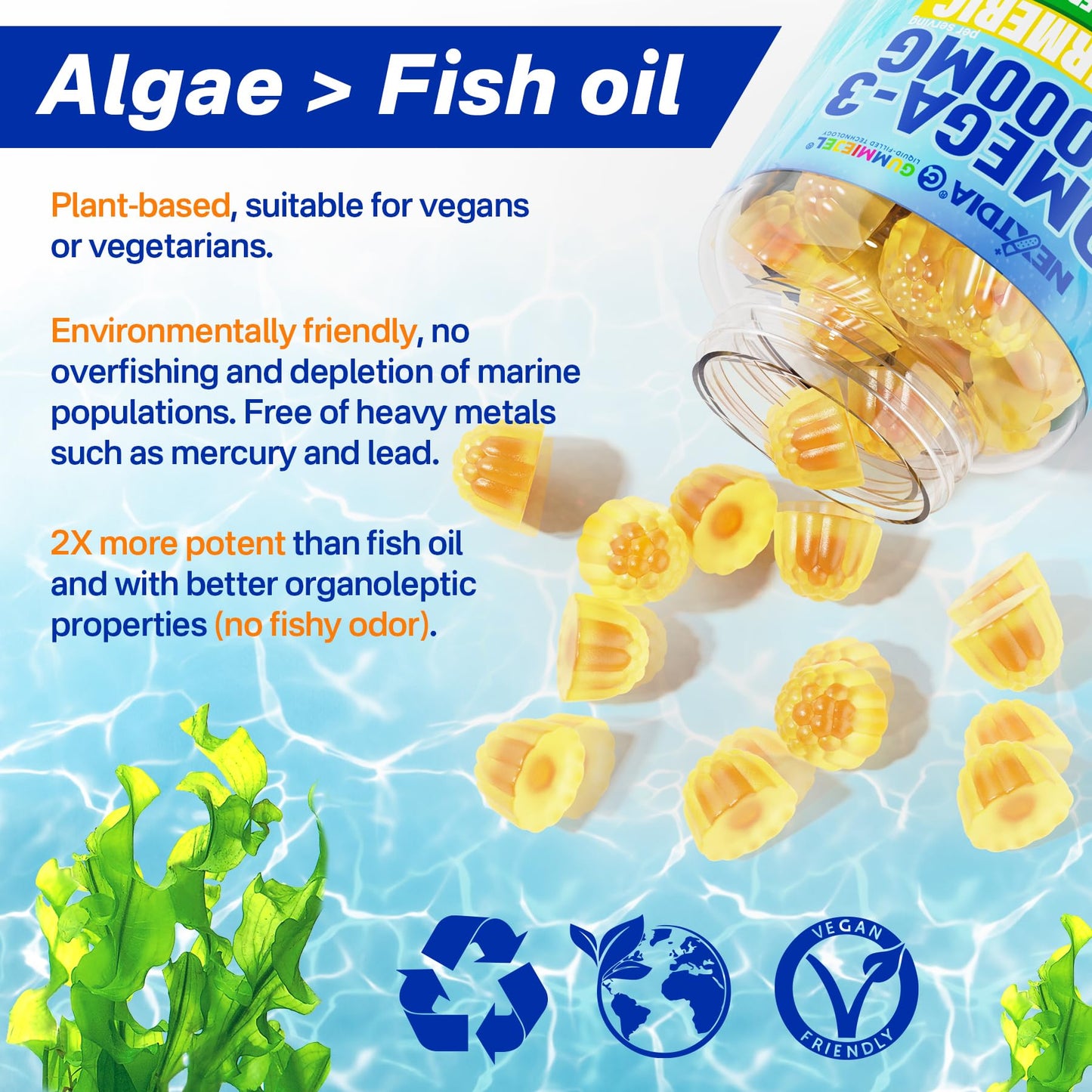 Vegan Omega-3 Gummies 1000mg + Turmeric - Omega 3 Fish Oil Alternative for Adults - Algae DHA 600mg & EPA 300mg - Maple Wellness Supplements
