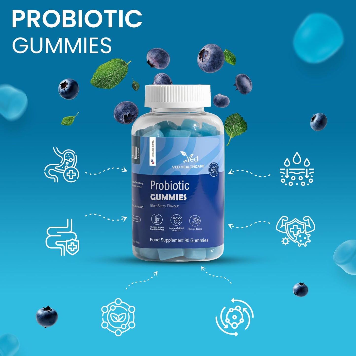 Vegan Probiotic Gummies with Prebiotics, Blueberry Flavour, 2 Gummies Daily (90 Count), 45 Days Supply, Non-GMO, Gluten Free, - Maple Wellness Supplements