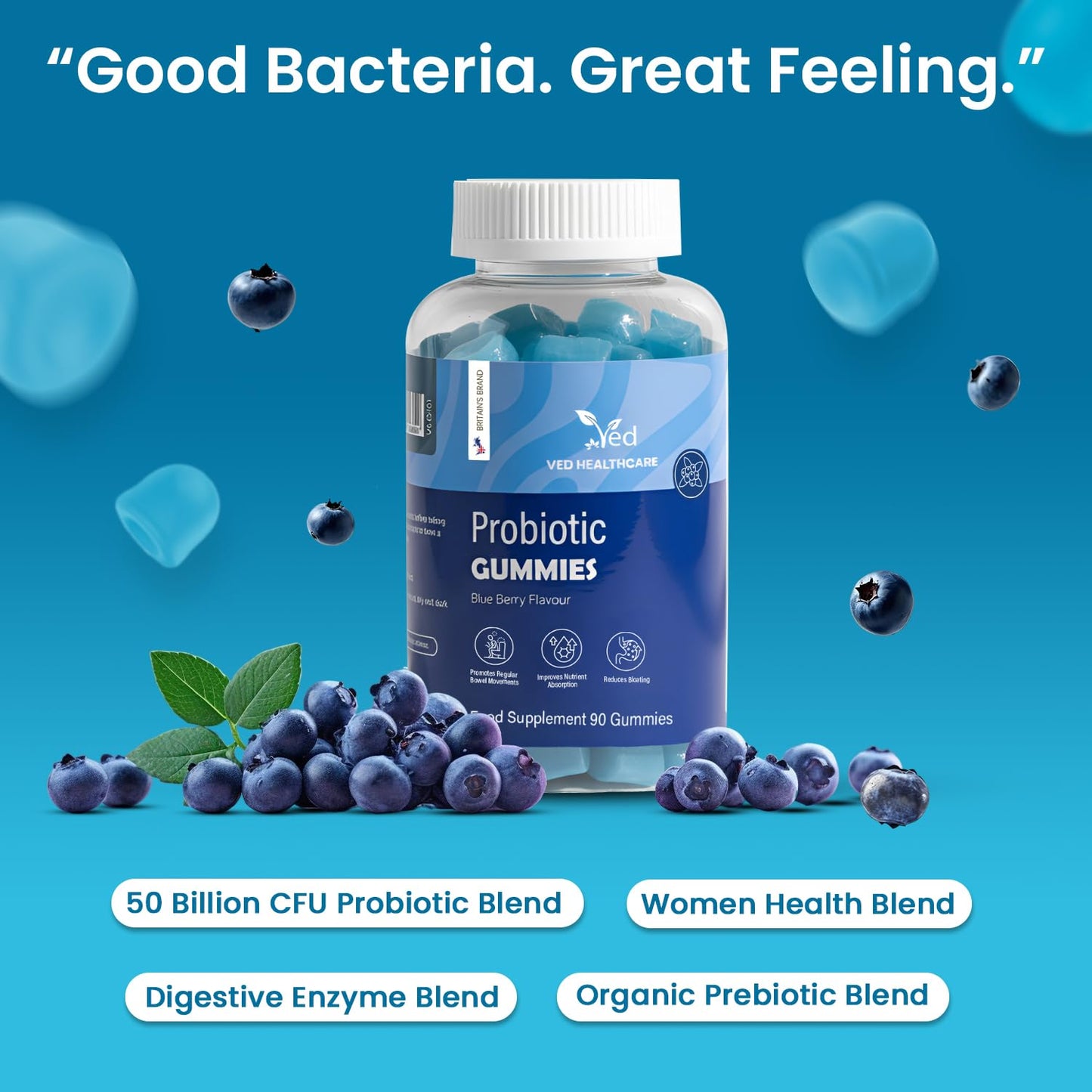 Vegan Probiotic Gummies with Prebiotics, Blueberry Flavour, 2 Gummies Daily (90 Count), 45 Days Supply, Non-GMO, Gluten Free, - Maple Wellness Supplements
