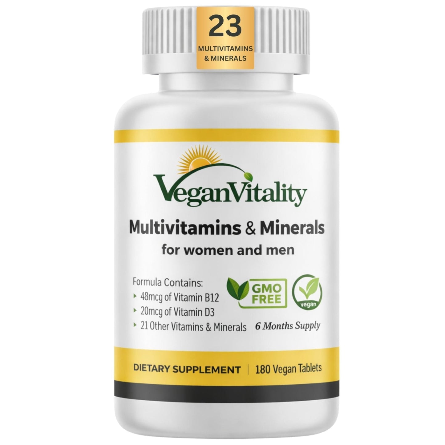 Vegan Vitality Multivitamins & Minerals for Women and Men with High Strength Vitamin B12, D3 & K2. 180 Vegan Multivitamin Tablets - 6 Months Supply - Maple Wellness Supplements