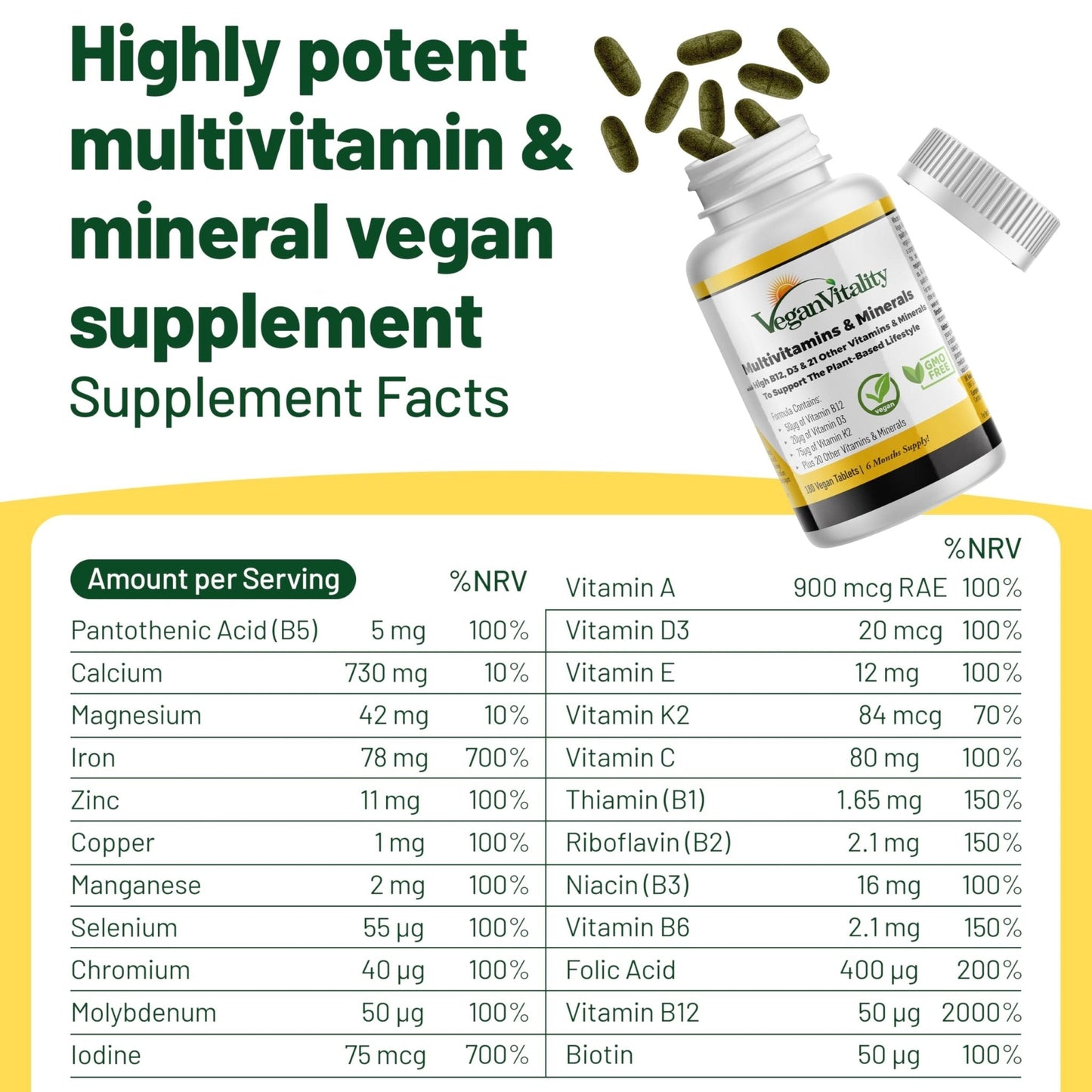 Vegan Vitality Multivitamins & Minerals for Women and Men with High Strength Vitamin B12, D3 & K2. 180 Vegan Multivitamin Tablets - 6 Months Supply - Maple Wellness Supplements