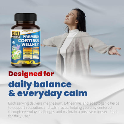 VEGATOT Organic Cortisol Wellness Complex 15-in-1 Formula with Magnesium Ashwagandha St. John's Wort Valerian Rhodiola Rosea Passionflower Chamomile - Maple Wellness Supplements