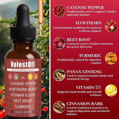 Velestoff Cayenne Pepper | Cayenne Heart & Circulation Blend – Botanical Extracts with Hawthorn, Beet Root, Turmeric, Vitamin K2 & D3 – Daily Wellness Drops (2 fl oz) (1) - Maple Wellness Supplements