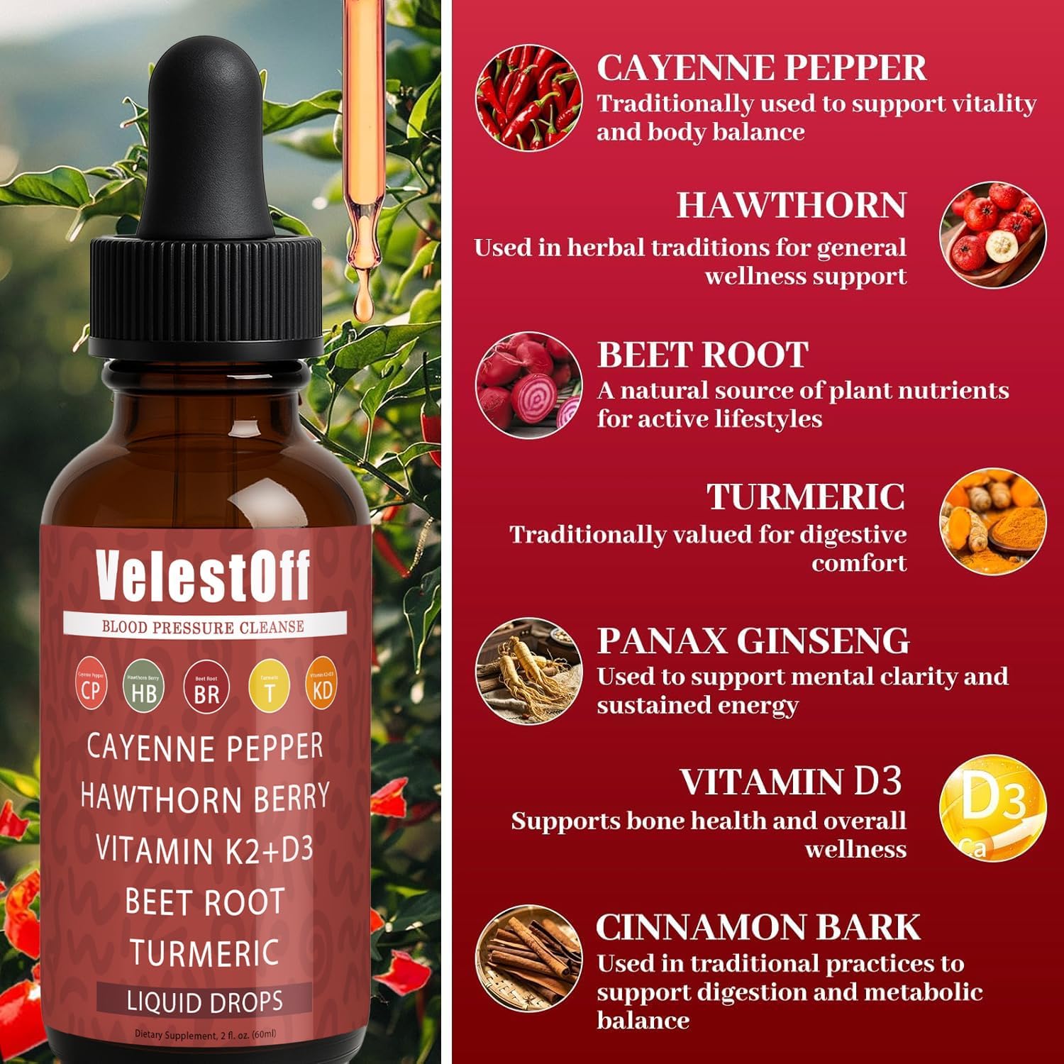 Velestoff Cayenne Pepper | Cayenne Heart & Circulation Blend – Botanical Extracts with Hawthorn, Beet Root, Turmeric, Vitamin K2 & D3 – Daily Wellness Drops (2 fl oz) (2) - Maple Wellness Supplements