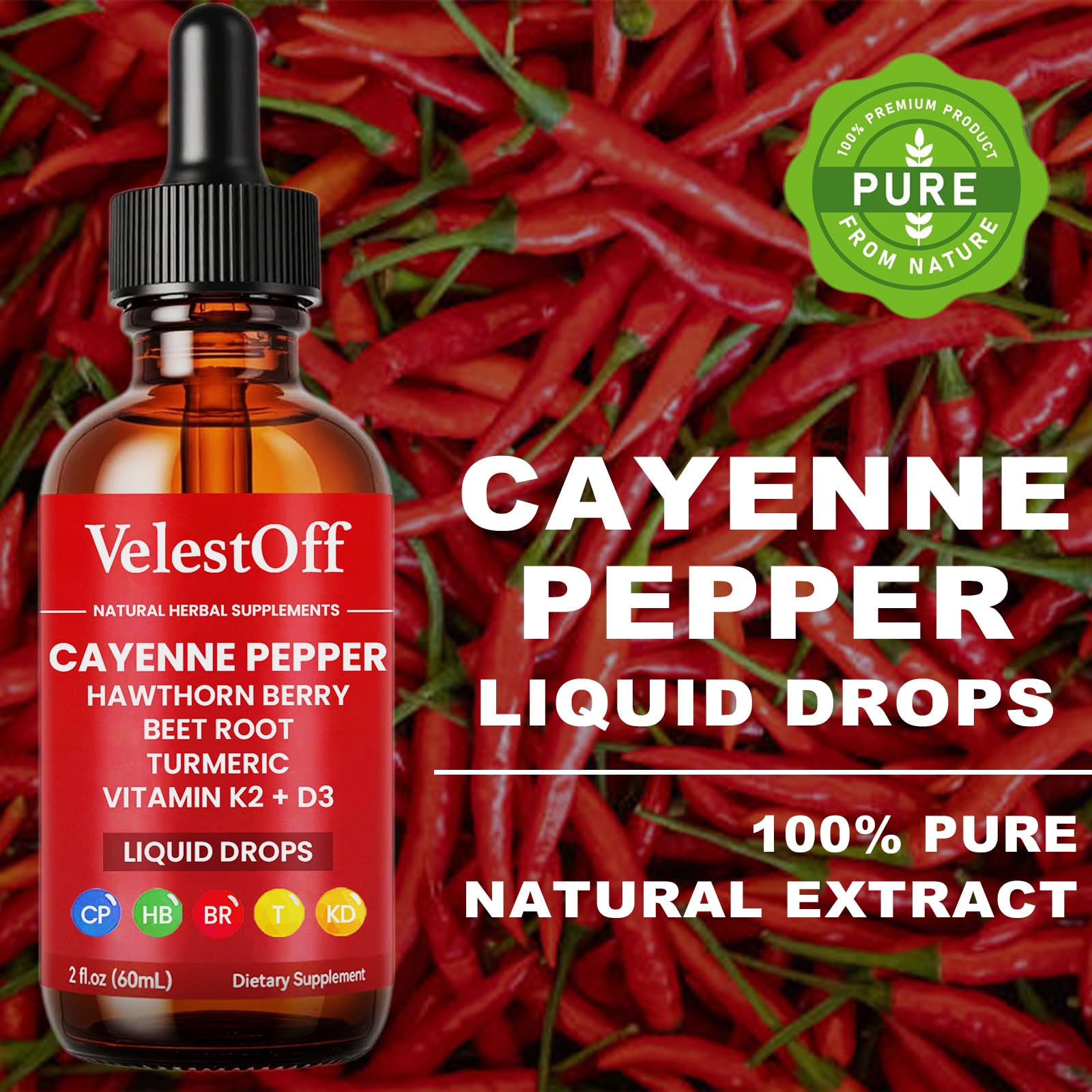 Velestoff Cayenne Pepper Drops, Cayenne Circulation Blend with Hawthorn Beet Root Turmeric Vitamin K2 D3 - Vegan, Non-GMO - 2FL.OZ (1 PCS) - Maple Wellness Supplements