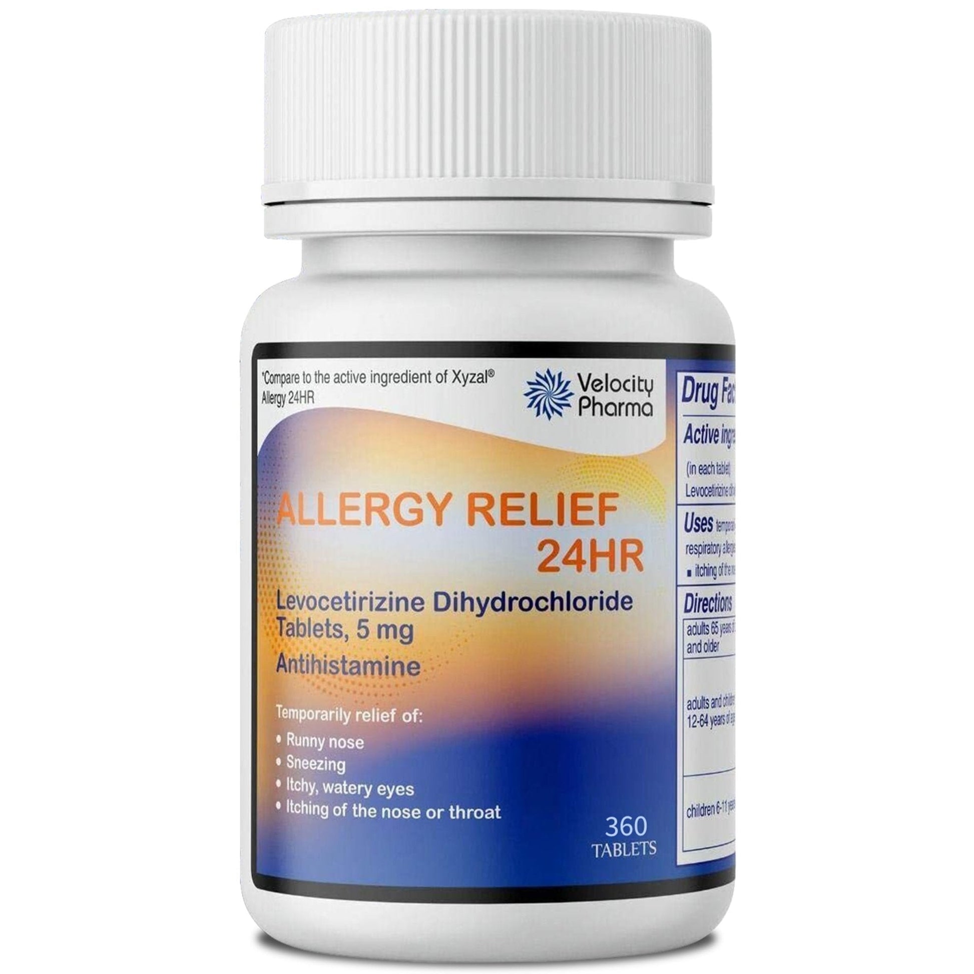 Velocity Pharma Levocetirizine Dihydrochloride 5mg USP Tablets, 24 Hour Allergy Relief Non-Drowsy Antihistamine, 360 Count - Maple Wellness Supplements
