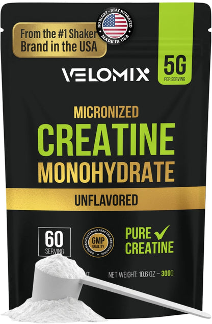 VELOMIX Micronized Creatine Monohydrate Powder - 100% Pure Creatine Powder Unflavored and Easy to Mix | Supports Muscle Growth, Recovery, and Strength | 5000mg Per Serv (5g) - 60 Servings - Maple Wellness Supplements