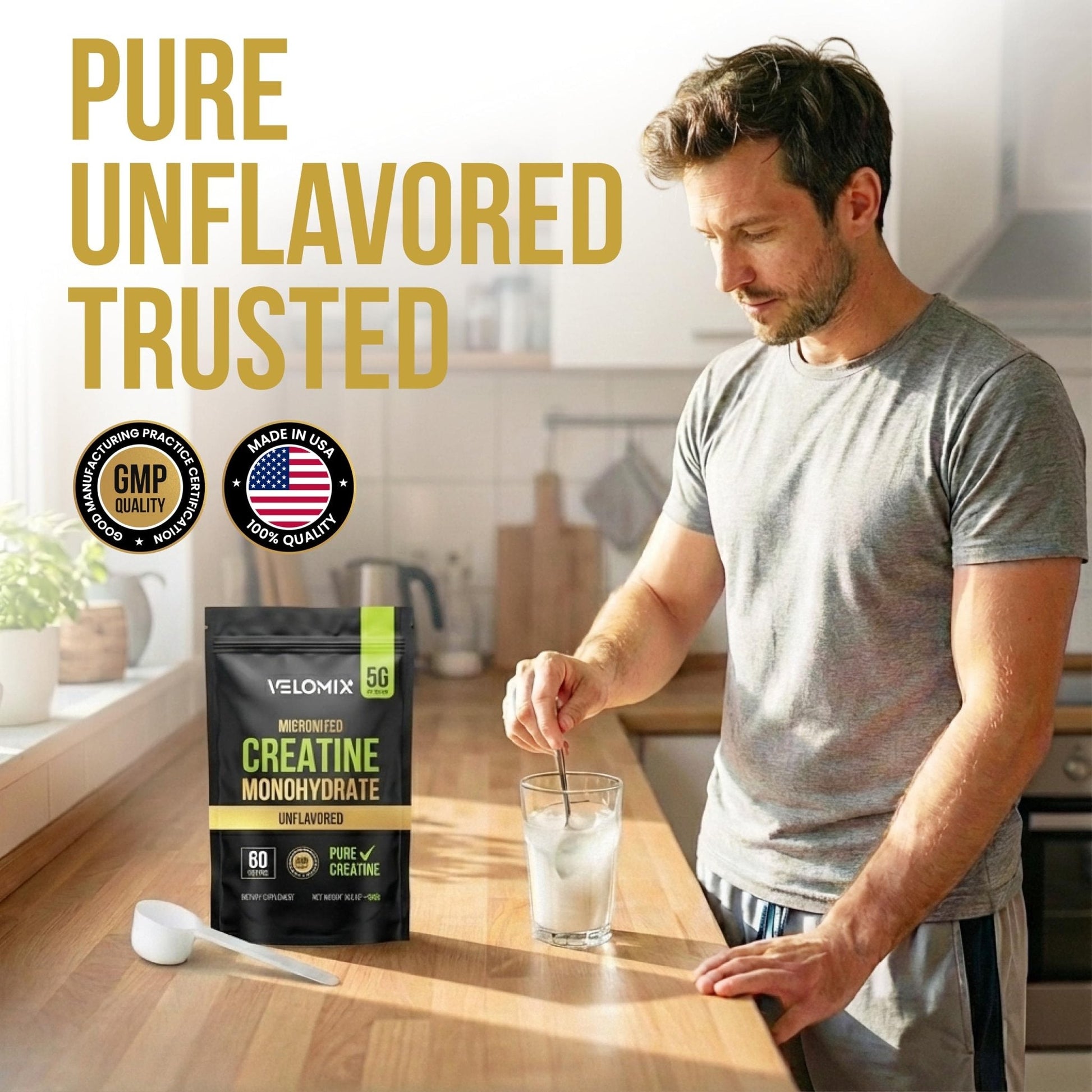 VELOMIX Micronized Creatine Monohydrate Powder - 100% Pure Creatine Powder Unflavored and Easy to Mix | Supports Muscle Growth, Recovery, and Strength | 5000mg Per Serv (5g) - 60 Servings - Maple Wellness Supplements