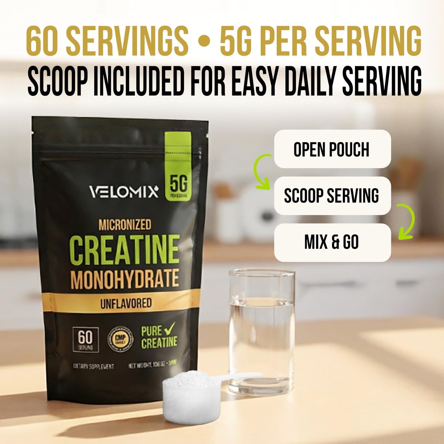 VELOMIX Micronized Creatine Monohydrate Powder - 100% Pure Creatine Powder Unflavored and Easy to Mix | Supports Muscle Growth, Recovery, and Strength | 5000mg Per Serv (5g) - 60 Servings - Maple Wellness Supplements