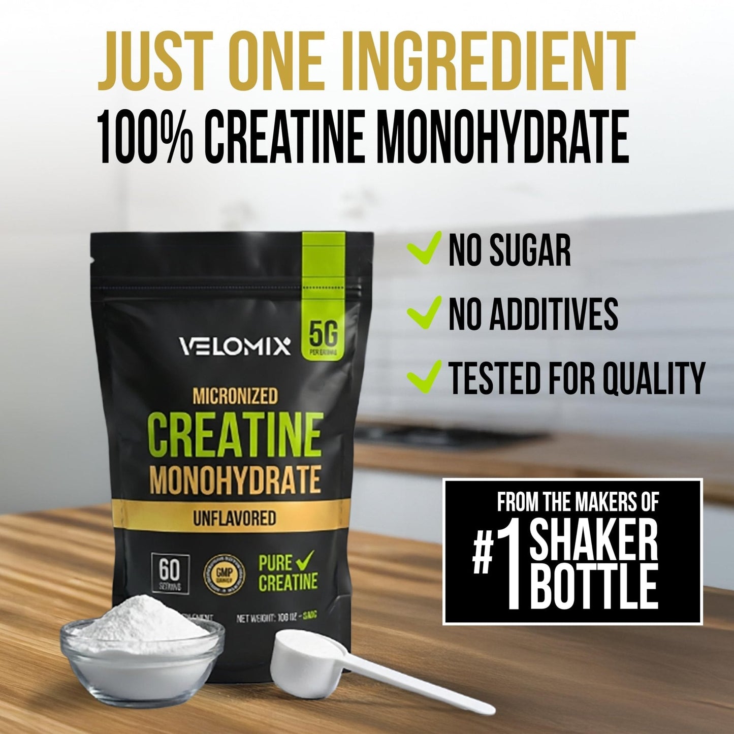 VELOMIX Micronized Creatine Monohydrate Powder - 100% Pure Creatine Powder Unflavored and Easy to Mix | Supports Muscle Growth, Recovery, and Strength | 5000mg Per Serv (5g) - 60 Servings - Maple Wellness Supplements