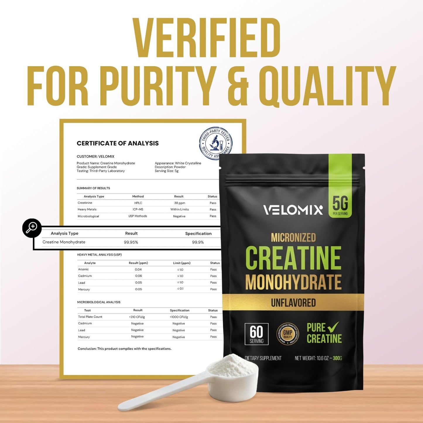 VELOMIX Micronized Creatine Monohydrate Powder - 100% Pure Creatine Powder Unflavored and Easy to Mix | Supports Muscle Growth, Recovery, and Strength | 5000mg Per Serv (5g) - 60 Servings - Maple Wellness Supplements