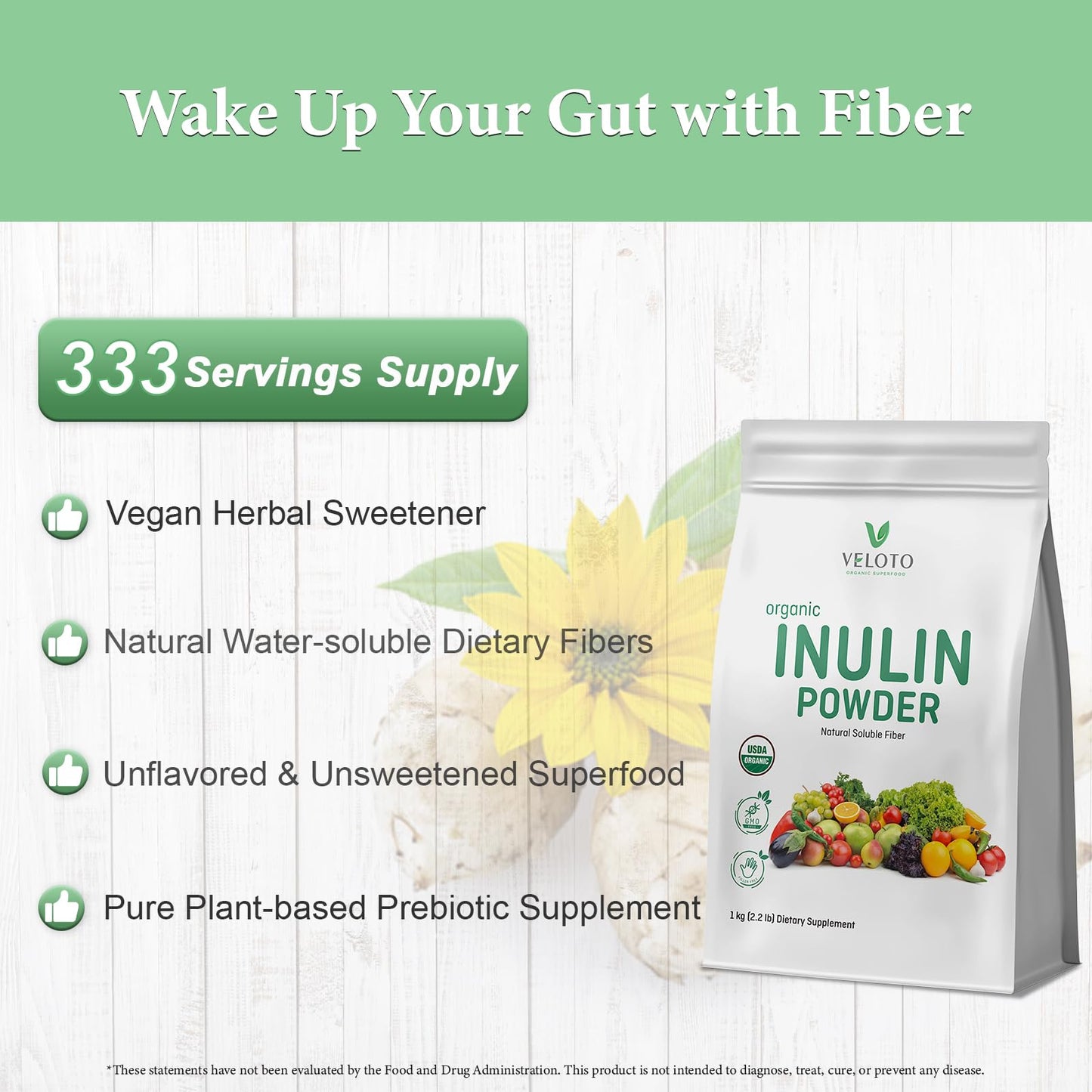 VELOTO Organic Inulin Powder – Prebiotic Fiber Supplement for Smoothies & Drinks, 2.2 lb, Flavorless, Water Soluble, Vegan & Non-GMO - Maple Wellness Supplements