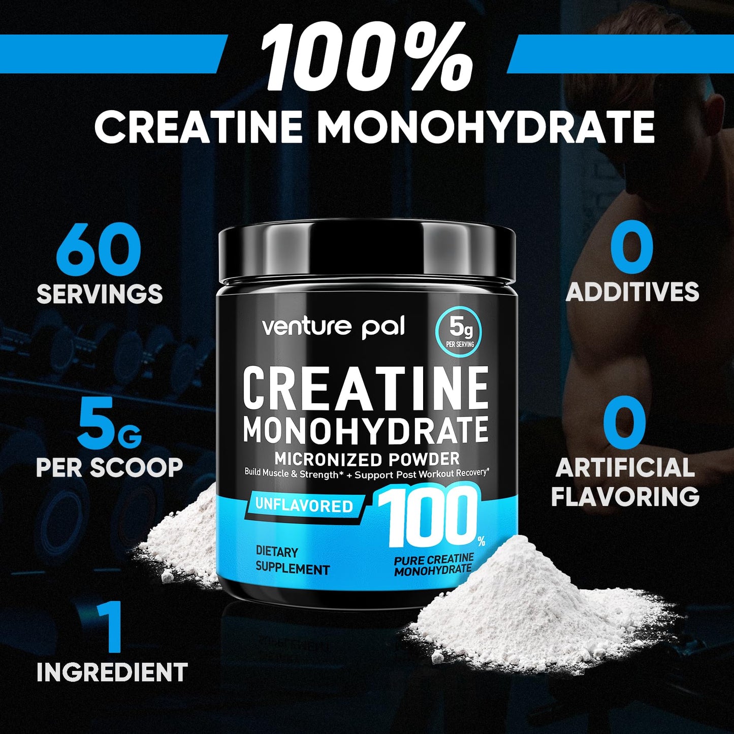 Venture Pal 100% Pure Micronized Creatine Monohydrate Powder, Unflavored Creatine for Women & Men, Vegan, Keto, Gluten Free, 5 g (5000mg) per Serving - Maple Wellness Supplements