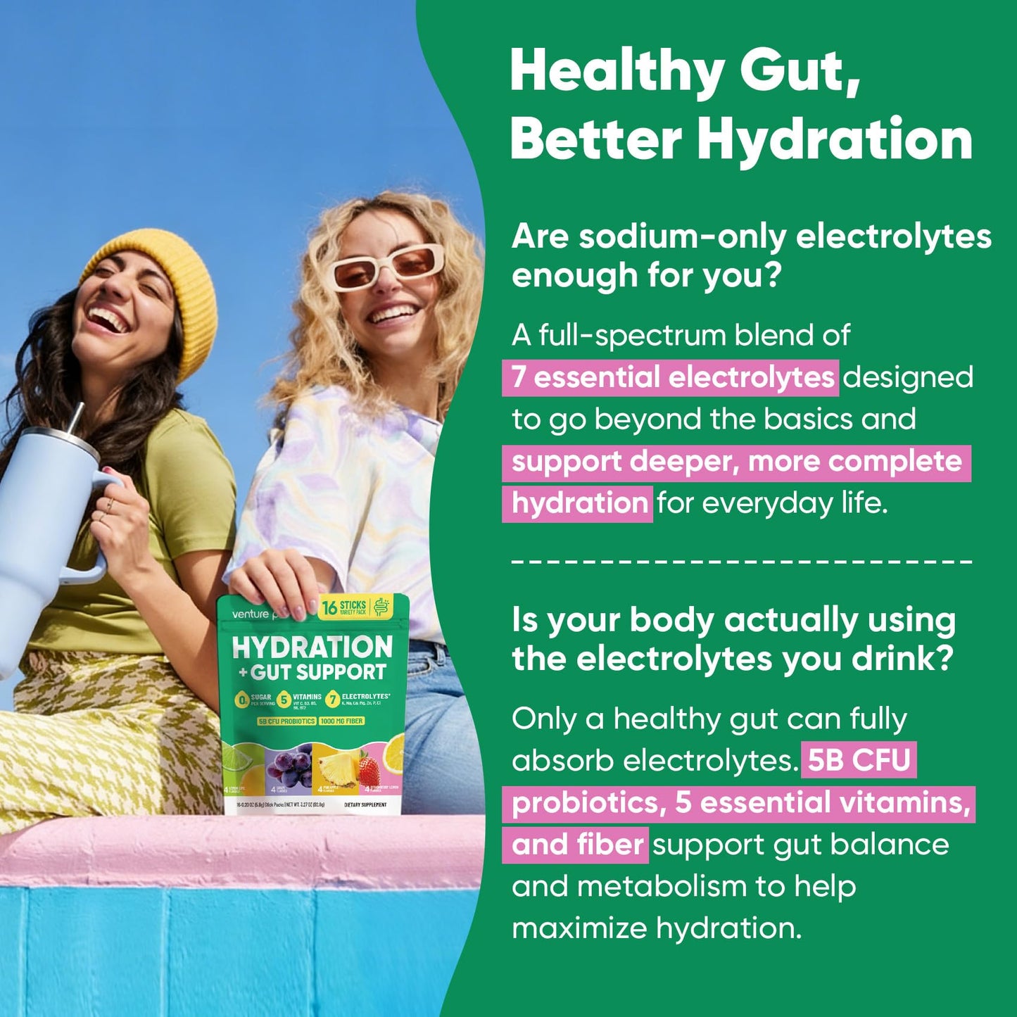 Venture Pal 2-in-1 Hydration Packets + Gut Health Electrolytes Powder - 7 Electrolytes & 5 Vitamins, Probiotics - Maple Wellness Supplements