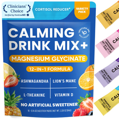 Venture Pal Calm Drink Mix, 12-in-1 Cortisol Reducer and Sleep Aid with Magnesium Glycinate, Ashwagandha, L-Theanine,Vitamin D, Calm Magnesium Powder - Maple Wellness Supplements