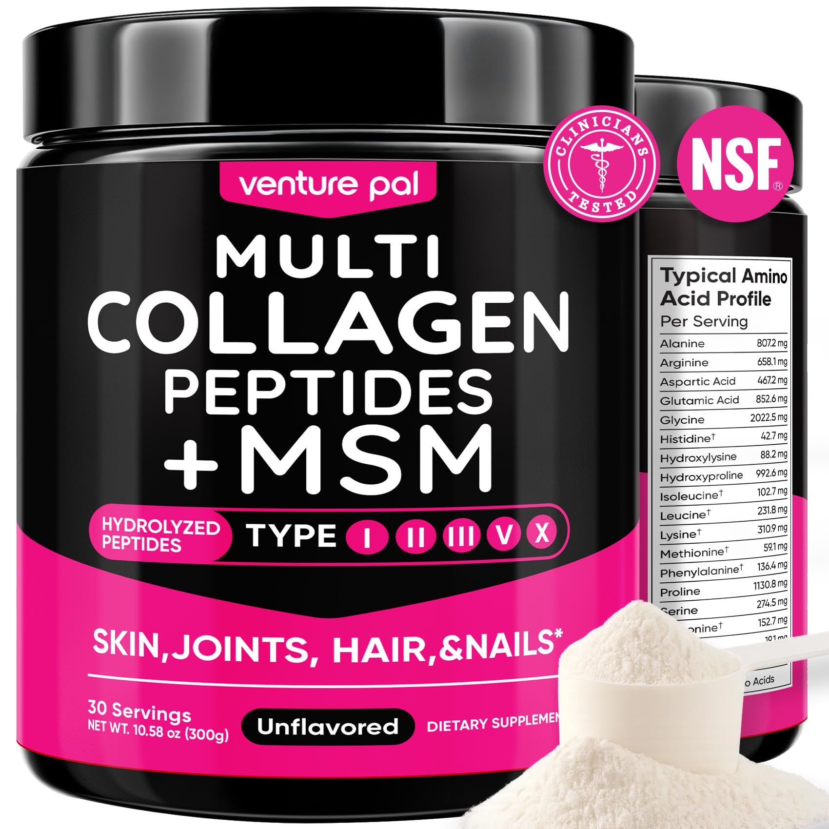 Venture Pal Multi Collagen Powder Type I, II, III, V, X – Hydrolyzed Collagen Peptides MSM, GC, Hyaluronic Acid Vitamin C | Collagen Supplement for Women - Maple Wellness Supplements
