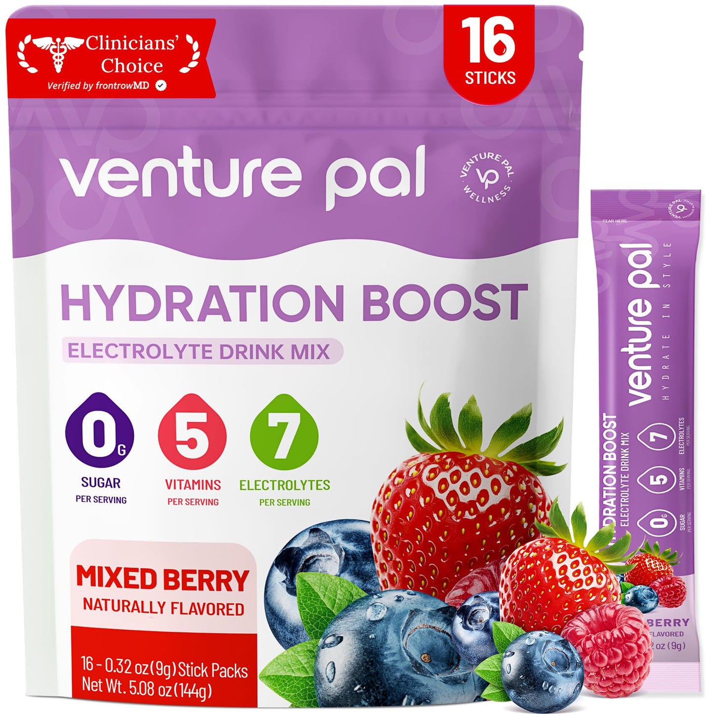Venture Pal Sugar Free Electrolyte Powder Packets - Liquid Daily IV Hydration Packets | Electrolytes Drink Mix with 5 Vitamins & 7 Electrolytes | Keto Friendly | Non-GMO | Certified Vegan | 16 Sticks - Maple Wellness Supplements