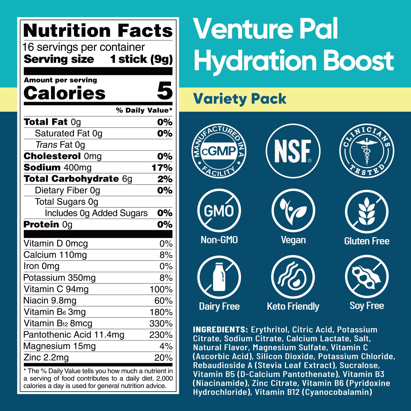 Venture Pal Sugar Free Electrolyte Powder Packets - Liquid Daily IV Hydration Packets for Rapid Rehydration | 7 Electrolytes & 5 Vitamins | Keto Friendly - Maple Wellness Supplements