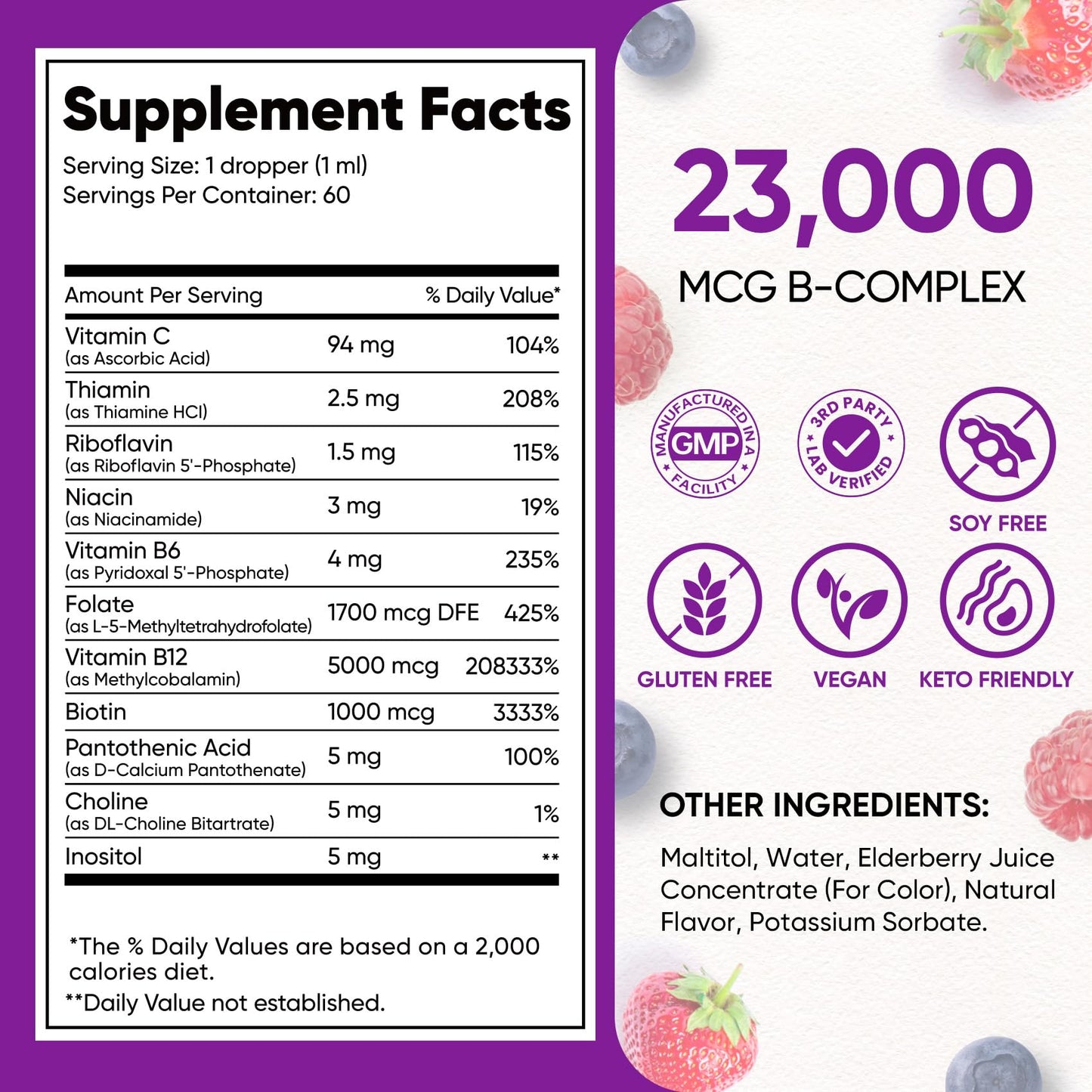 Venture Pal Vitamin B Complex Liquid Drops, B12 Methylcobalamin | B9 Folic | B1,B2,B3,B5,B6,B16 - Vitamin C, Choline, Inositol - Maple Wellness Supplements