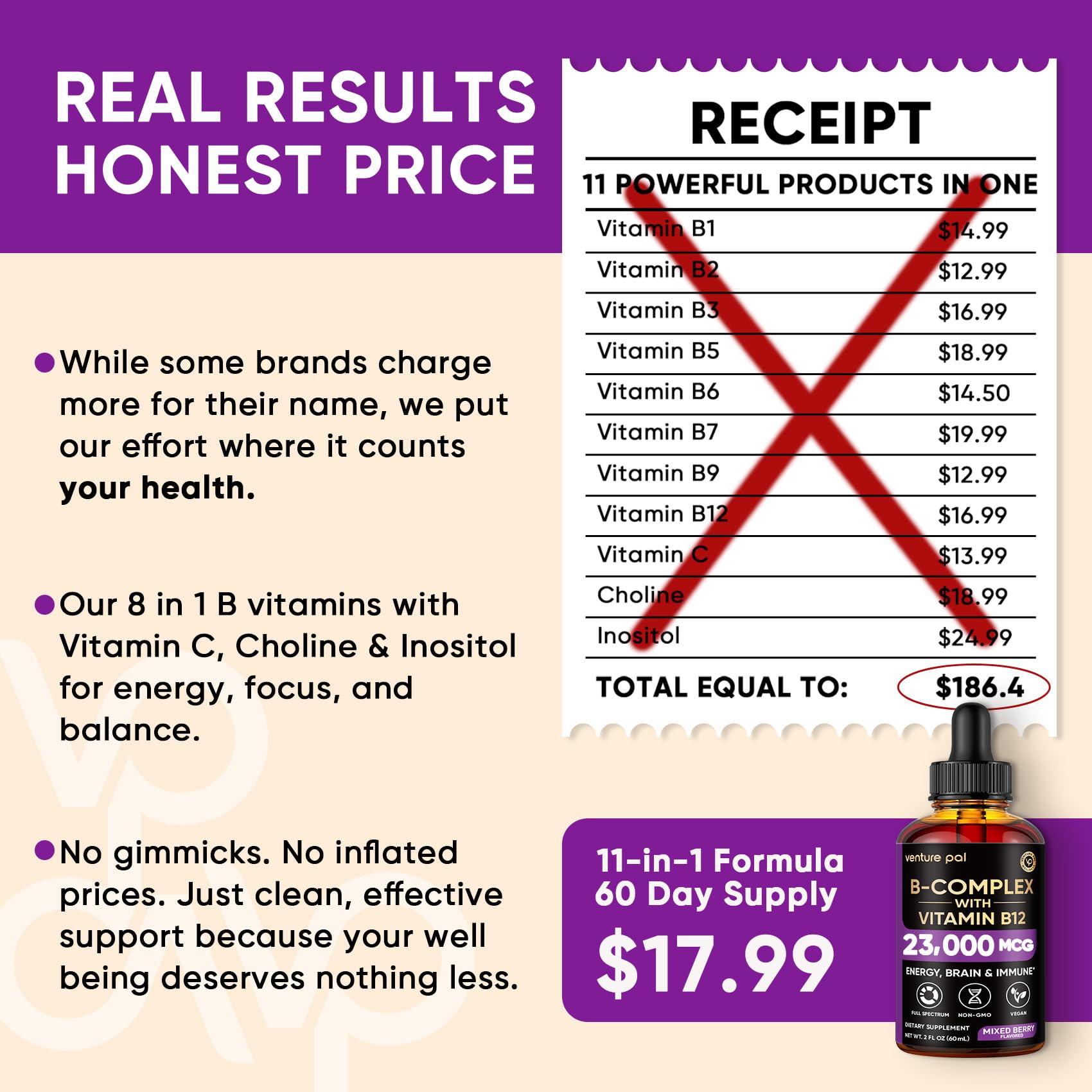 Venture Pal Vitamin B Complex Liquid Drops, B12 Methylcobalamin | B9 Folic | B1,B2,B3,B5,B6,B16 - Vitamin C, Choline, Inositol - Maple Wellness Supplements