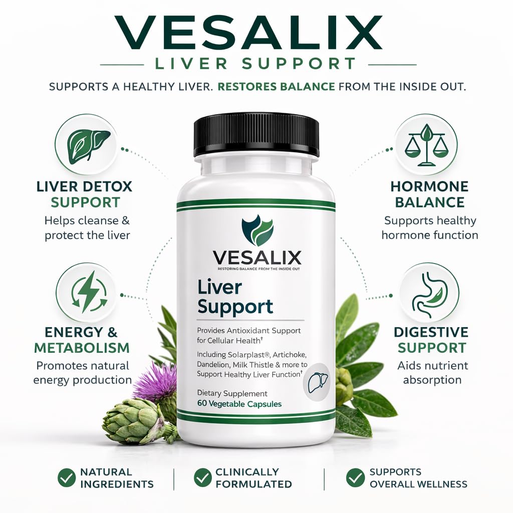 VESALIX Liver Support Supplement for Adults 40+ – Milk Thistle, Artichoke & Dandelion with Digestive Enzymes – Supports Digestion & Cellular Health – 60 Vegetarian Capsules - Maple Wellness Supplements